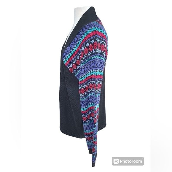 Norm Thompson Black Cardigan Open Front Fair Isle Sleeves Size XL - Picture 2 of 6